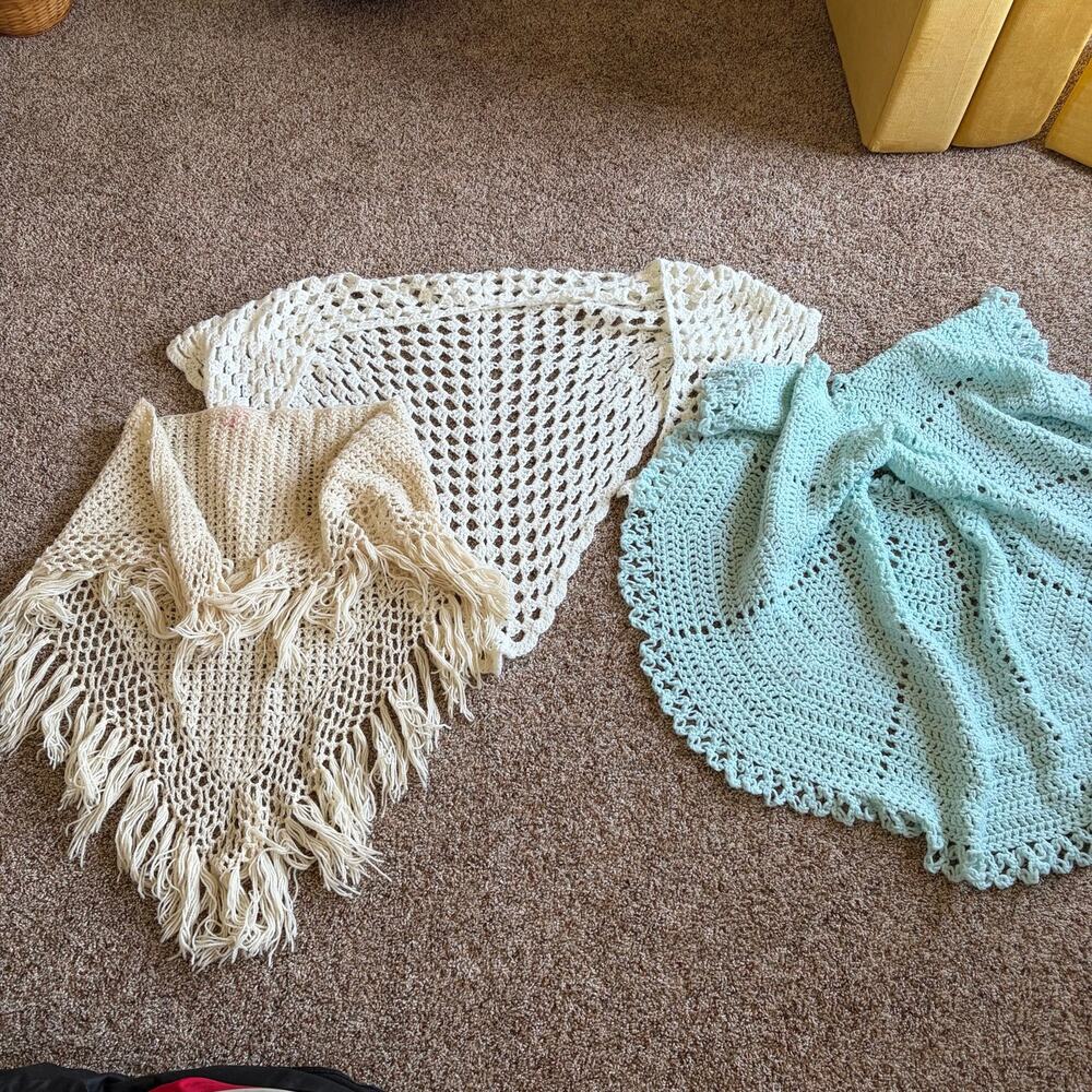 Lot of 3 Hand Crocheted Shawls Fringe Boho Granny Core VTG Cream Off White Blue